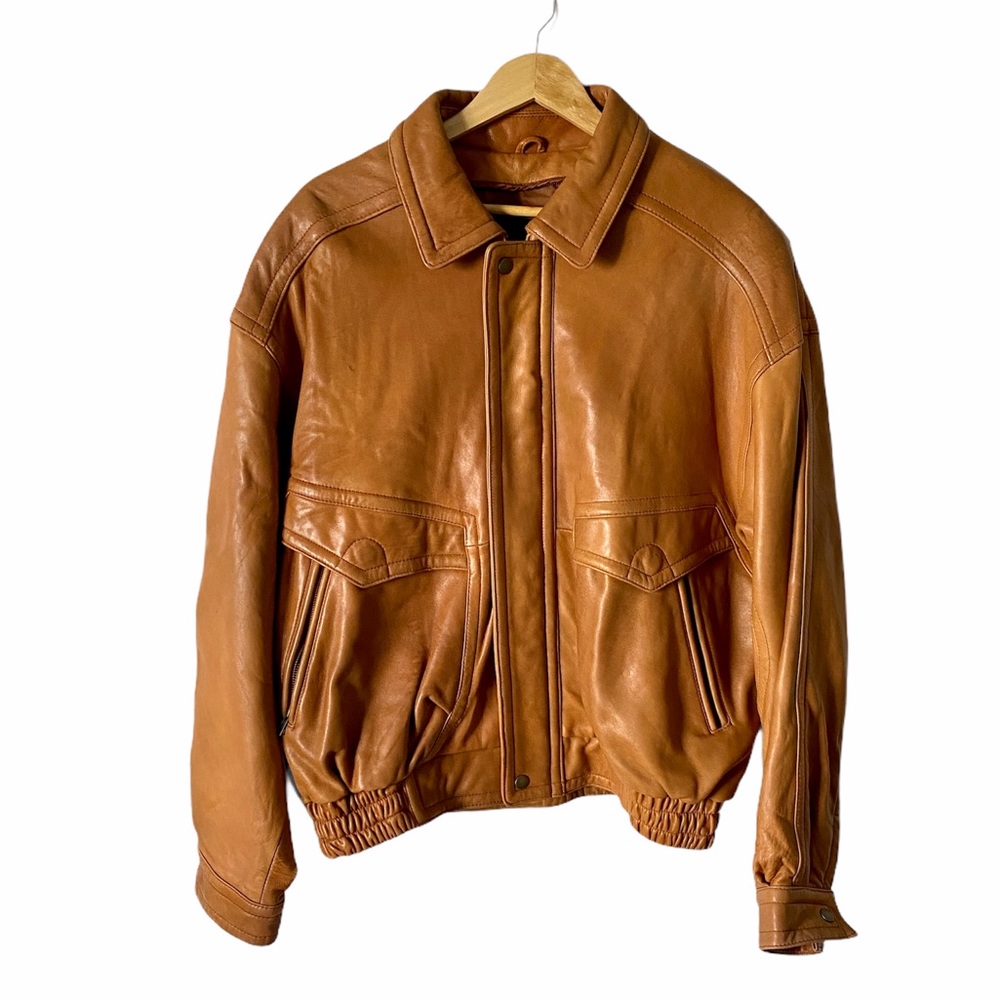Vintage Brown Cognac Leather Bomber Pockets Jacket